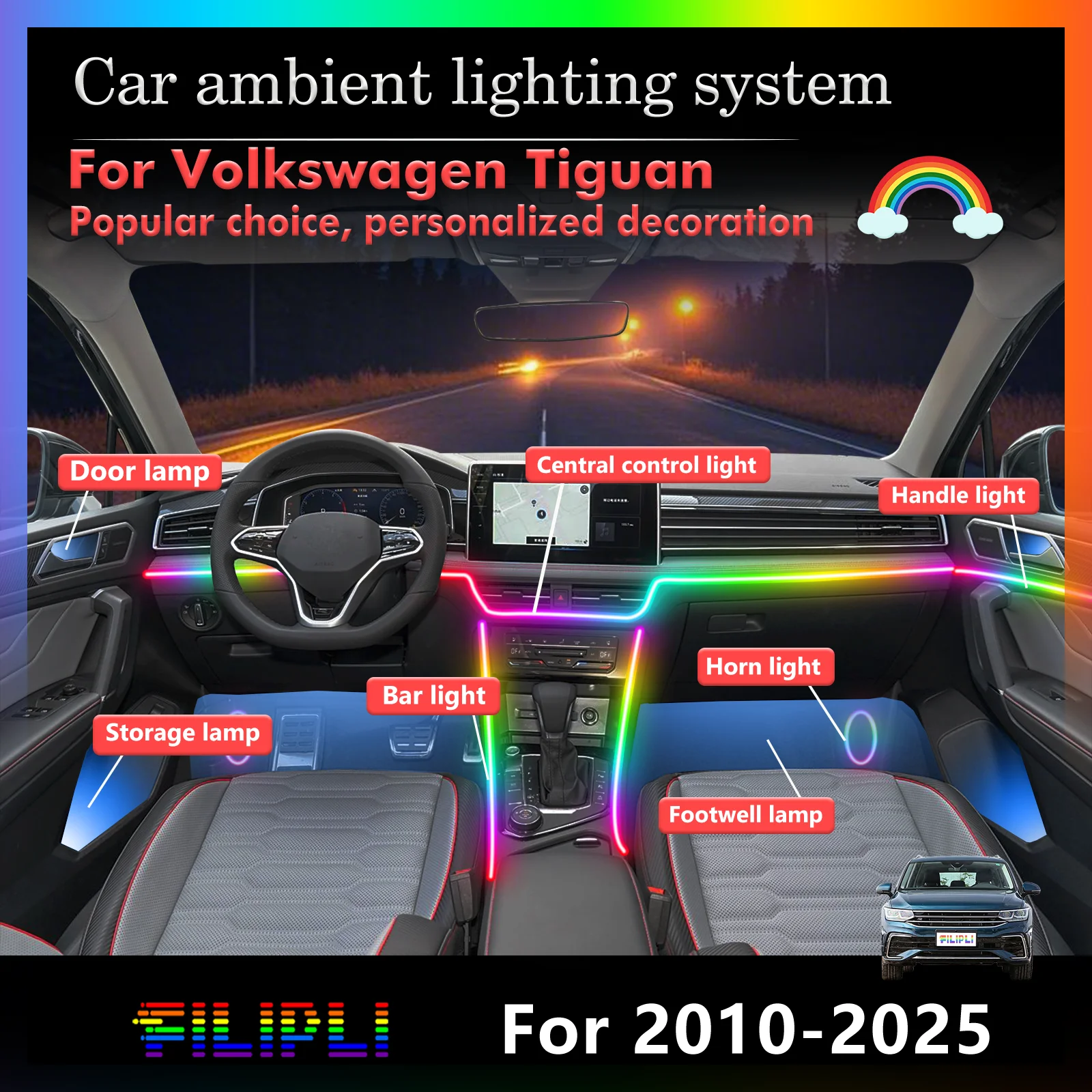 Для Volkswagen Tiguan умный пульт дистанционного управления RGB 64 цвета светодиодный салон автомобиля окружающее освещение энергосберегающий эффективный комплект ламп
Для Volkswagen Tiguan умный пульт дистанционного управления RGB 64 цвета светодиодный салон автомобиля окружающее освещение энергосберегающий эффективный комплект ламп