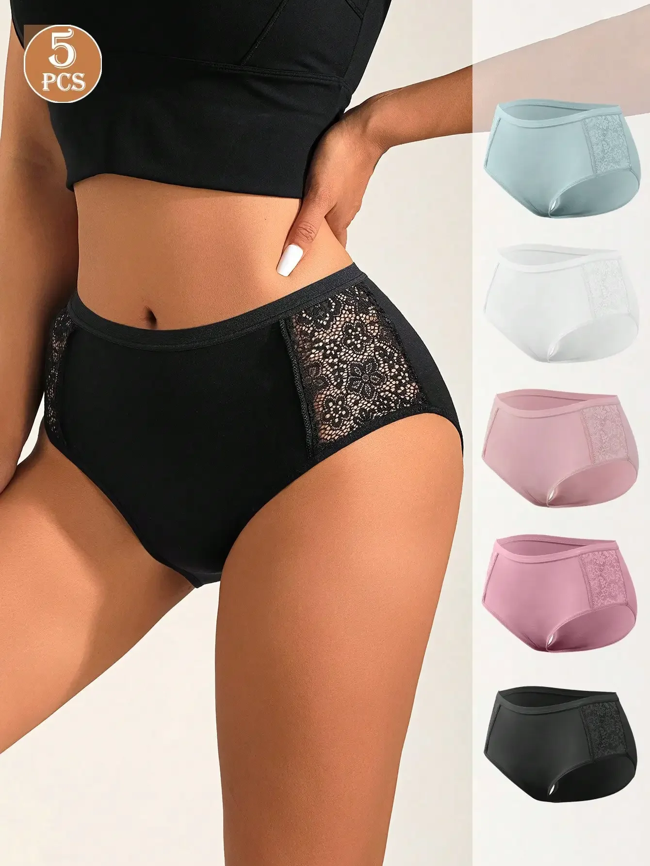 5pcs/Pack Women's Solid Color Lace Patchwork Bikini Panties, Comfortable Breathable Low-Rise Underwear, Fashionable Elegant Minimalist, Assorted Colors Set
5pcs/Pack Women's Solid Color Lace Patchwork Bikini Panties, Comfortable Breathable Low-Rise Underwear, Fashionable Elegant Minimalist, Assorted Colors Set