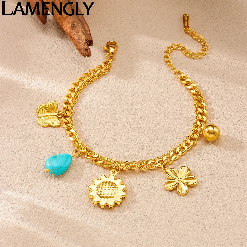 LAMENGLY 316L Stainless Steel Classic 2-chain Sunflower Butterfly Bead Pendant Bracelet For Women New Trend Wrist Chain Gifts
LAMENGLY 316L Stainless Steel Classic 2-chain Sunflower Butterfly Bead Pendant Bracelet For Women New Trend Wrist Chain Gifts