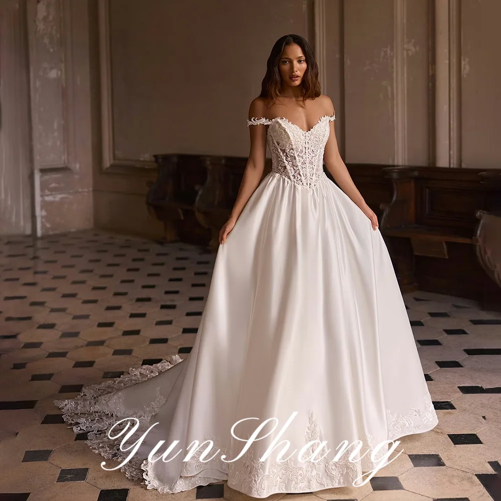 Yunshang Customized Satin A-Line Wedding Dresses Sweetheart Off The Shoulder Sleeveless Lace Backless Lace Up Train Bridal Gowns
Yunshang Customized Satin A-Line Wedding Dresses Sweetheart Off The Shoulder Sleeveless Lace Backless Lace Up Train Bridal Gowns