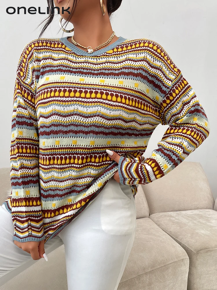ONELINK Women's Sweater Autumn Plus Size Browish Clothing Knitting Yarn Striped Pattern Pullover O Neck Long Sleeve Female Tops
ONELINK Women's Sweater Autumn Plus Size Browish Clothing Knitting Yarn Striped Pattern Pullover O Neck Long Sleeve Female Tops