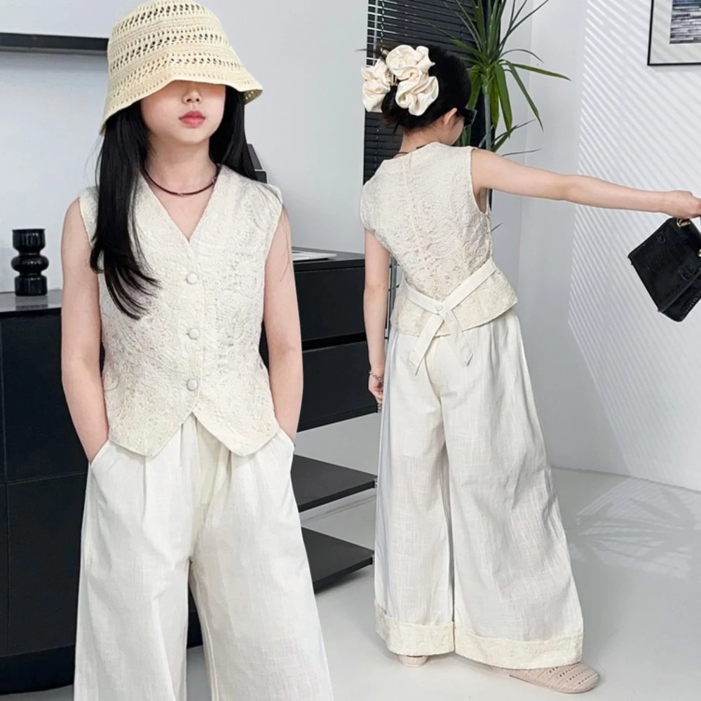 French design beige teen girls lace clothes set Sleeveless vest tops+wide leg pants 2pcs junior kids clothing suit child outfits
French design beige teen girls lace clothes set Sleeveless vest tops+wide leg pants 2pcs junior kids clothing suit child outfits
