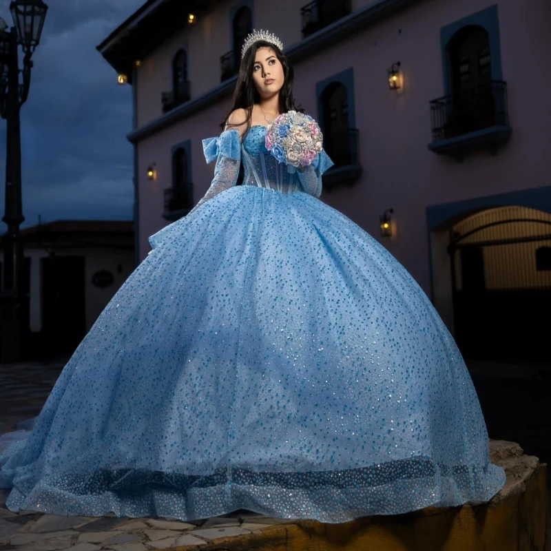 Небесно-голубое блестящее платье Quinceanera с открытыми плечами и бусинами с бантом, тюлевым корсетом, бальное платье Vestidos De 15 Anos Sweet 16 Dress
Небесно-голубое блестящее платье Quinceanera с открытыми плечами и бусинами с бантом, тюлевым корсетом, бальное платье Vestidos De 15 Anos Sweet 16 Dress