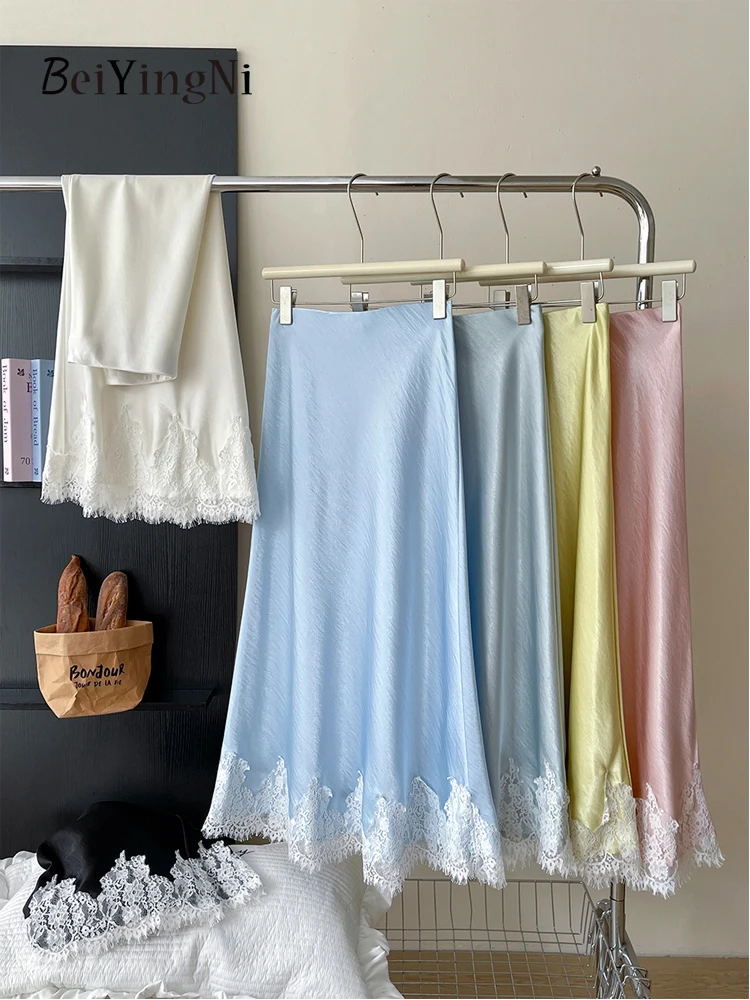 Summer New Women French Elegant Satin Mermaid Skirt Lace Patchwork Pack Hip Long A-line Skirts Office Ladies Faldas
Summer New Women French Elegant Satin Mermaid Skirt Lace Patchwork Pack Hip Long A-line Skirts Office Ladies Faldas