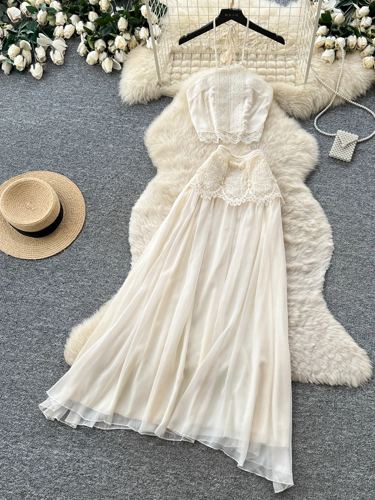 Elegant Lace Patchwork Vest Skirt Two-Piece Set Women Summer Commute Fairy Vacation Fashionable High Waist Slim Fit Ensemble
Elegant Lace Patchwork Vest Skirt Two-Piece Set Women Summer Commute Fairy Vacation Fashionable High Waist Slim Fit Ensemble