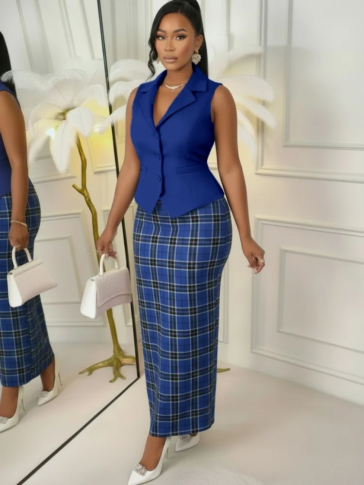 Lapel Sleeveless Two Piece Outfit Blazer Top Plaid Midi Skirt Suit Formal New Arrival Apparel
Lapel Sleeveless Two Piece Outfit Blazer Top Plaid Midi Skirt Suit Formal New Arrival Apparel