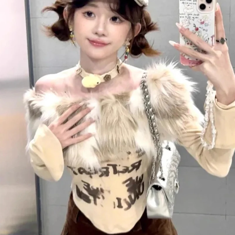 Harajuku Y2K Vintage Fur Tops Women Patchwrok Long Sleeve Streetwear Slim Tee Aesthetics Off Shoulder Knit Letter Print Shirts
Harajuku Y2K Vintage Fur Tops Women Patchwrok Long Sleeve Streetwear Slim Tee Aesthetics Off Shoulder Knit Letter Print Shirts