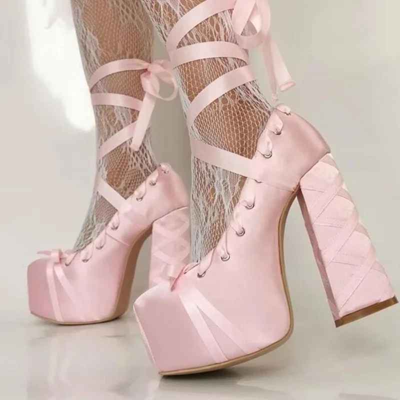Sweet Ribbon Lace Up Women Chunky Heels Pumps Round Toe Satin Cross Strap High Platform Fashion Runway shoes Big size 47
Sweet Ribbon Lace Up Women Chunky Heels Pumps Round Toe Satin Cross Strap High Platform Fashion Runway shoes Big size 47