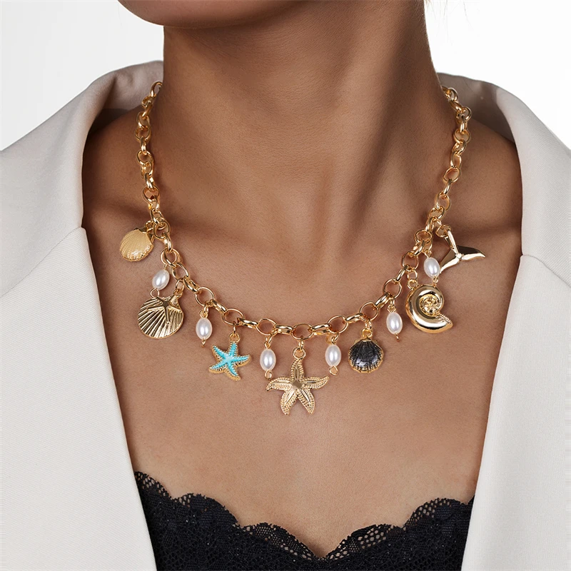 Boho Ocean Series Necklace for Women Gold Color Starfish Shell Pearl Fish Tail Conch Pendant Metal Chain Choker Beach Jewelry
Boho Ocean Series Necklace for Women Gold Color Starfish Shell Pearl Fish Tail Conch Pendant Metal Chain Choker Beach Jewelry