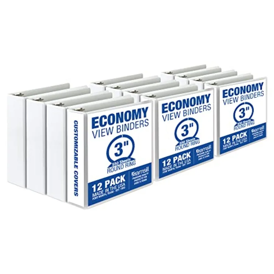 3 Inch 3 Ring Binders, Economy Round Ring, Clear View Cover, 550 Sheet Capacity - for School, Home, Office - White, 12 Pack
3 Inch 3 Ring Binders, Economy Round Ring, Clear View Cover, 550 Sheet Capacity - for School, Home, Office - White, 12 Pack