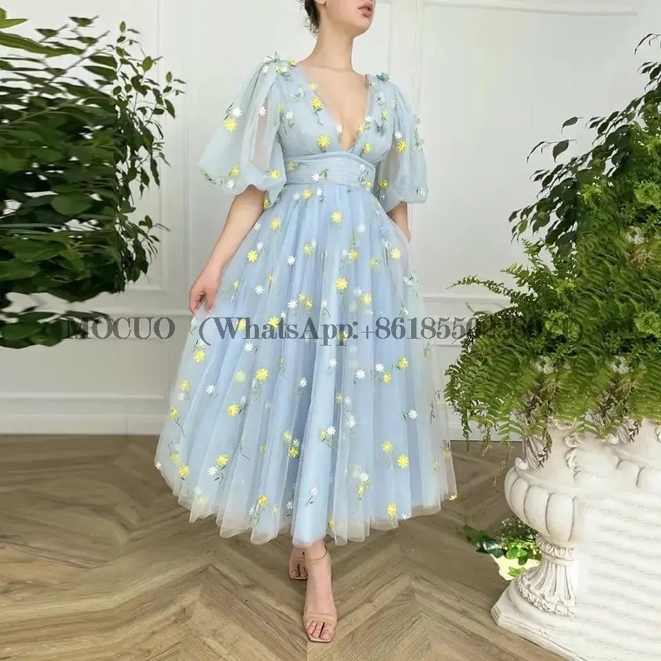Blue Midi Embroidered Tulle Pastoral Prom Dresses Half Puff Sleeves Deep V-Neck Backless Evening Party Gowns Ankle Length
Blue Midi Embroidered Tulle Pastoral Prom Dresses Half Puff Sleeves Deep V-Neck Backless Evening Party Gowns Ankle Length