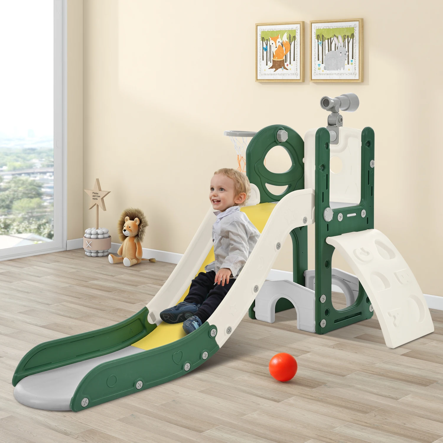 Kids Slide Playset Structure 5 in 1, Freestanding Spaceship Set with Slide, Telescope and Basketball Hoop, Golf Holes for Toddle
Kids Slide Playset Structure 5 in 1, Freestanding Spaceship Set with Slide, Telescope and Basketball Hoop, Golf Holes for Toddle