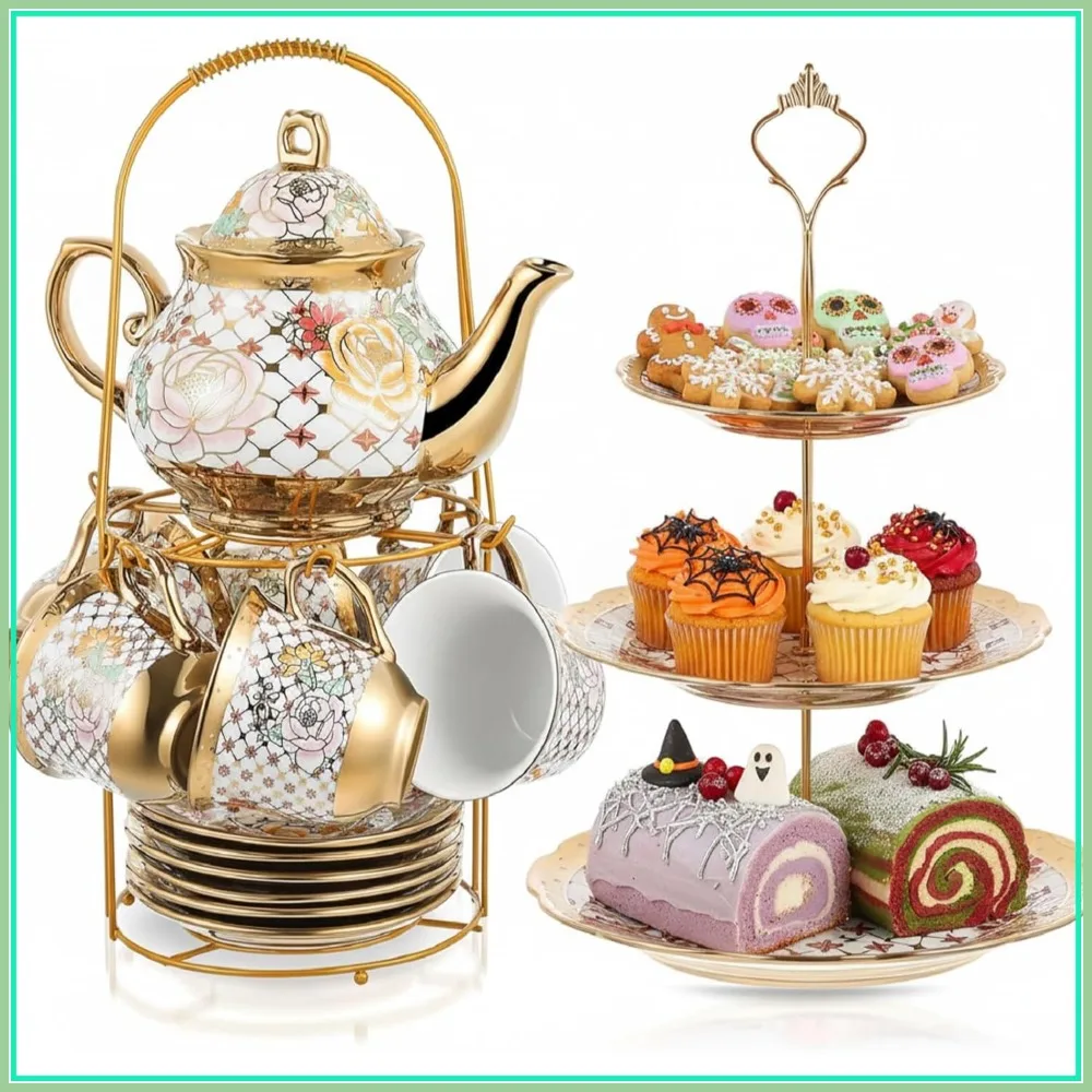 21 Pcs Porcelain Tea Set with Metal Holder & 3 Tier Cake Stand, European Floral Teapot Set for 6, Afternoon Tea Party Gift
21 Pcs Porcelain Tea Set with Metal Holder & 3 Tier Cake Stand, European Floral Teapot Set for 6, Afternoon Tea Party Gift