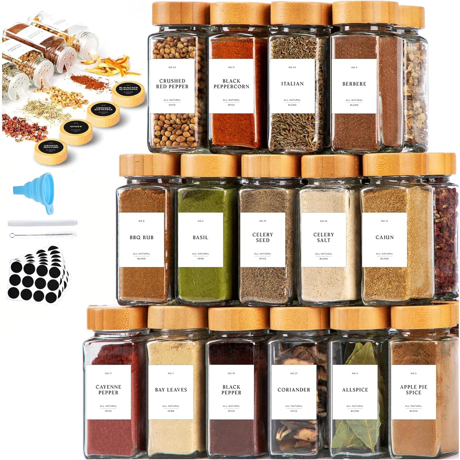 Glass Spice Jars with Label Set, Bamboo Lids & Funnel - Kitchen Airtight Storage Jars with Lids - Spices and Seasonings Sets Org
Glass Spice Jars with Label Set, Bamboo Lids & Funnel - Kitchen Airtight Storage Jars with Lids - Spices and Seasonings Sets Org