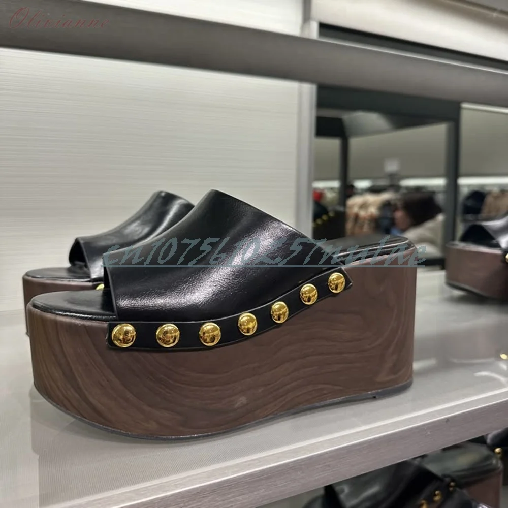 Side Round Rivets Decor Platform Slippers Thick Soled Chunky High Heel Fashion Black Peep Toe Fashion Shoes for Women Lady's
Side Round Rivets Decor Platform Slippers Thick Soled Chunky High Heel Fashion Black Peep Toe Fashion Shoes for Women Lady's