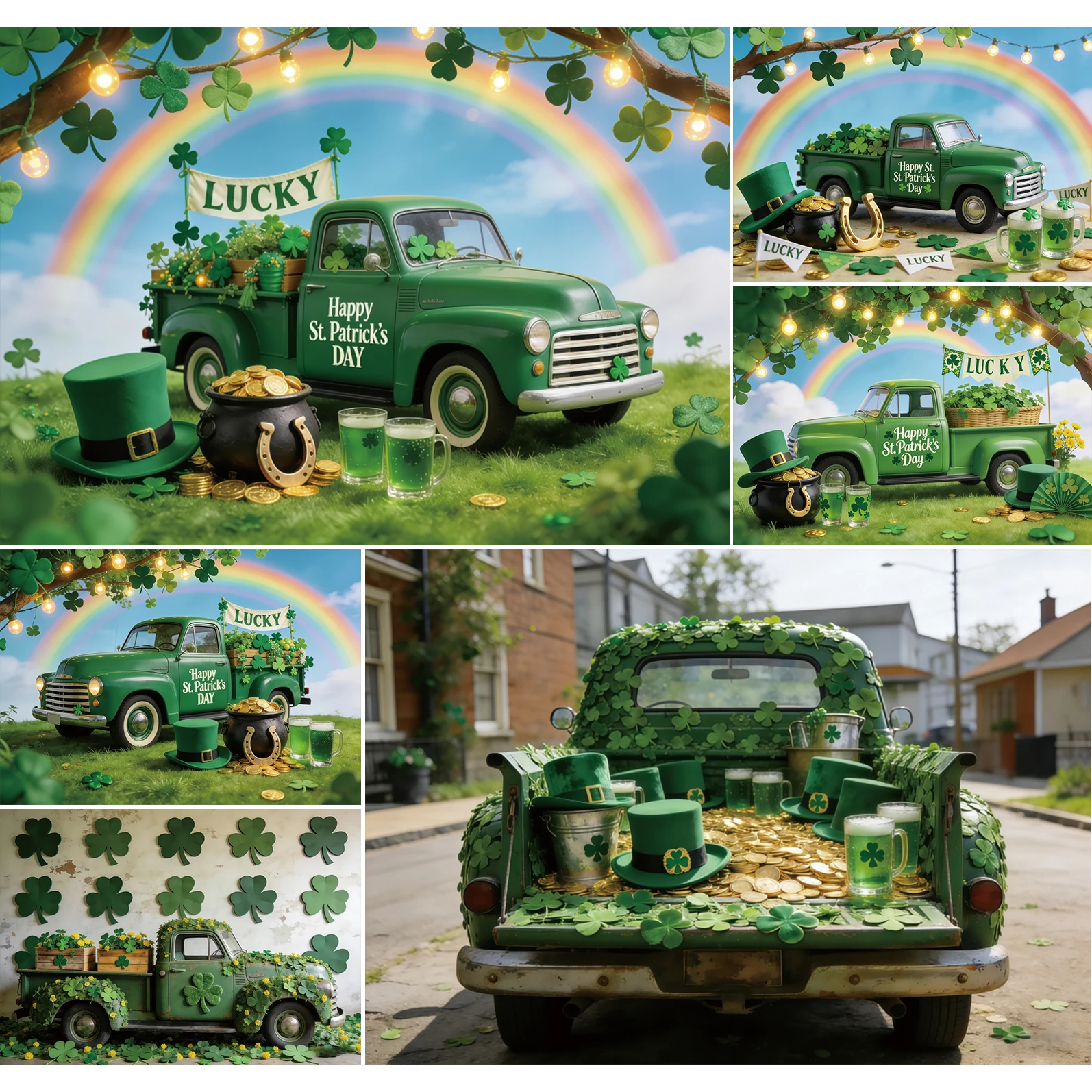 Фон для фотосъемки ко Дню святого Патрика: зеленый грузовик, радужный клевер, золотые монеты, декор для вечеринки
Фон для фотосъемки ко Дню святого Патрика: зеленый грузовик, радужный клевер, золотые монеты, декор для вечеринки