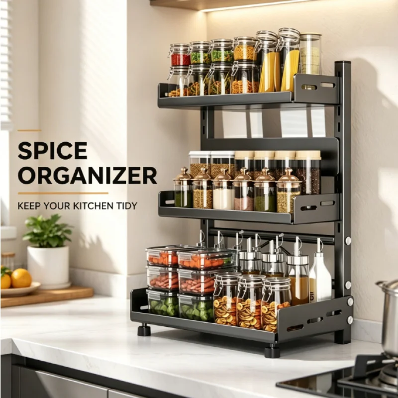 Space Saving 3 Tier Adjustable Spice Rack Black Metal Organizer for Kitchen Countertop Cabinet Pantry Storage
Space Saving 3 Tier Adjustable Spice Rack Black Metal Organizer for Kitchen Countertop Cabinet Pantry Storage