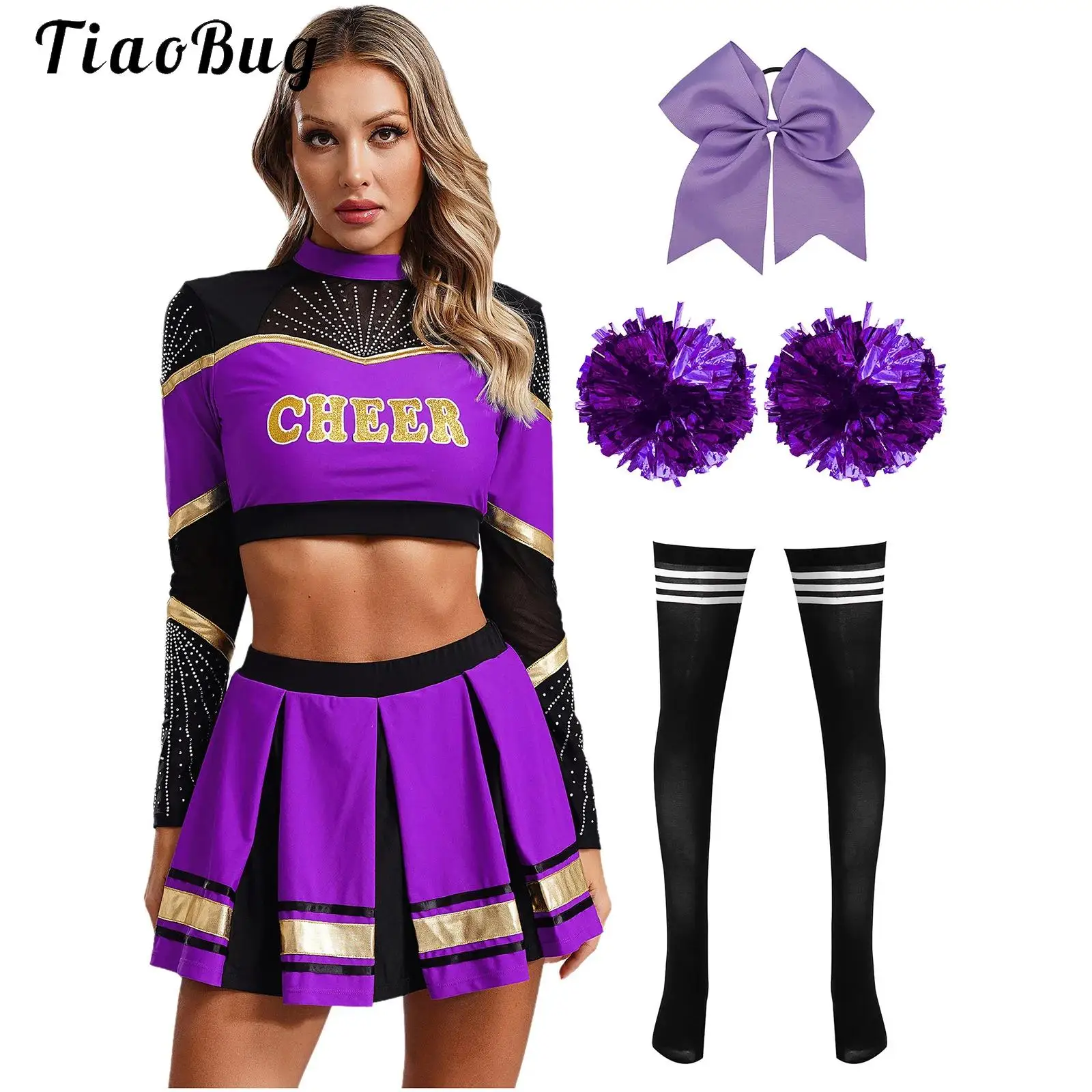 Womens Sexy Cheerleading Costume High School Cheer Uniform Full Set Long Sleeve Crop Top+Mini Skirt for Halloween Cheerleader 
Womens Sexy Cheerleading Costume High School Cheer Uniform Full Set Long Sleeve Crop Top+Mini Skirt for Halloween Cheerleader