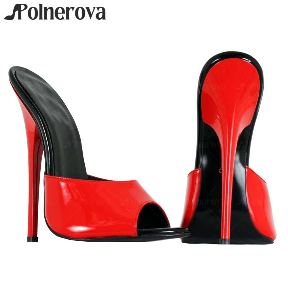 16cm Black Red Patent Leather Mules Sexy Style Peep Toe Extremely Slippers Lacquered Empire High Heel Summer Stilettos for Women
16cm Black Red Patent Leather Mules Sexy Style Peep Toe Extremely Slippers Lacquered Empire High Heel Summer Stilettos for Women