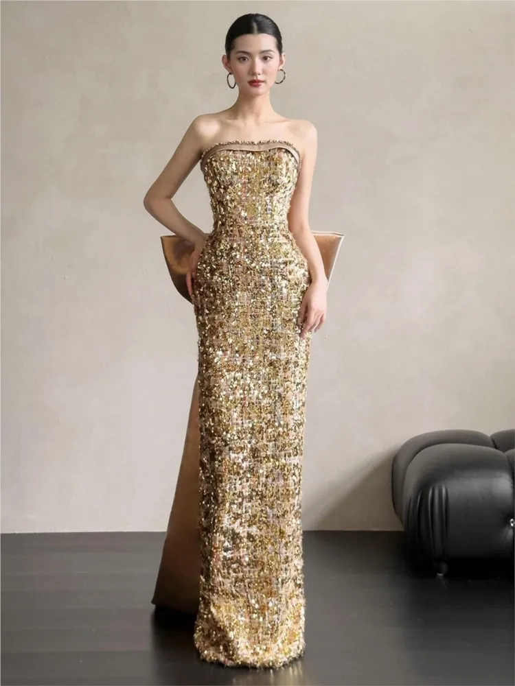 Golden heavy industry sequined host strapless fishtail banquet elegant toasting dress
Golden heavy industry sequined host strapless fishtail banquet elegant toasting dress