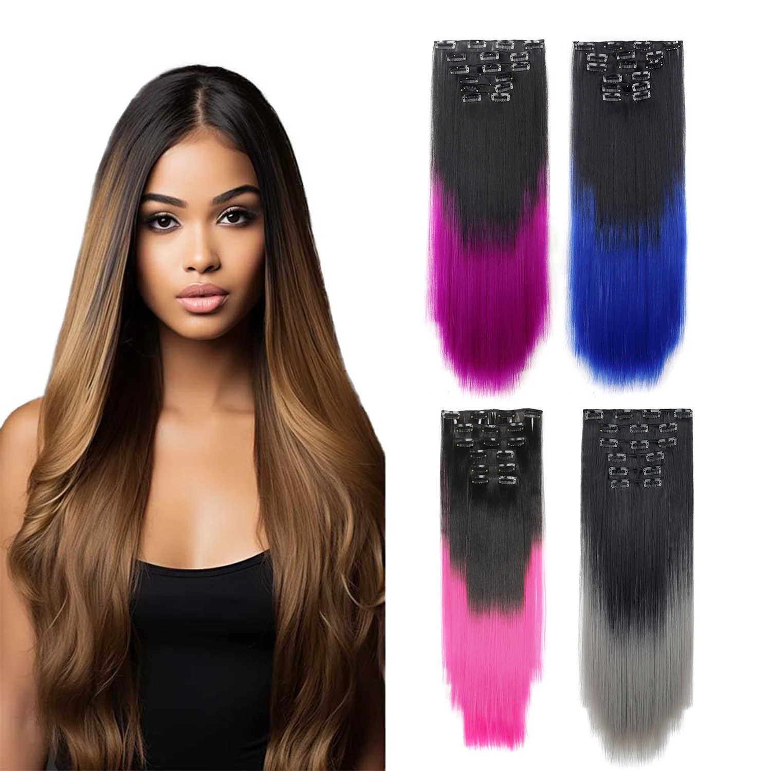 Clip In Hair Extensions 24inch 140g 6pcs Set Women Long Straight Synthetic Hair Full Head Stylish Trendy Gradient Ombre Color
Clip In Hair Extensions 24inch 140g 6pcs Set Women Long Straight Synthetic Hair Full Head Stylish Trendy Gradient Ombre Color