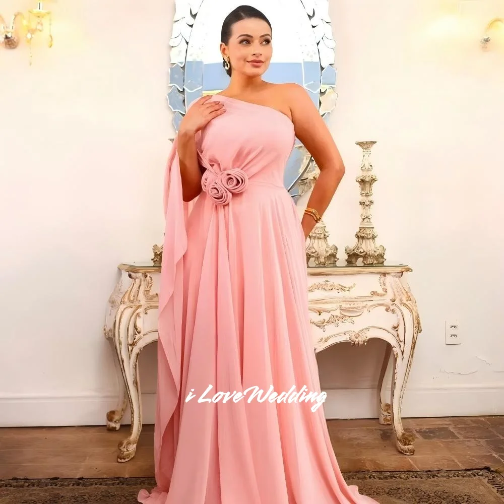 Pink One-Shoulder Bridesmaid Dress Chiffon Sleeveless Shawl 3D Flower A-Line Floor-Length Wedding Party Dress Pleated Customized
Pink One-Shoulder Bridesmaid Dress Chiffon Sleeveless Shawl 3D Flower A-Line Floor-Length Wedding Party Dress Pleated Customized