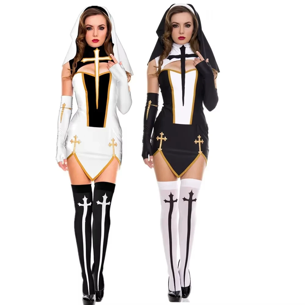 Halloween Sexy Nun Black And White Cross Costume Irregular Dress Sleeveless Madonna Cosplay Costume Party Disguise Women's Suit
Halloween Sexy Nun Black And White Cross Costume Irregular Dress Sleeveless Madonna Cosplay Costume Party Disguise Women's Suit