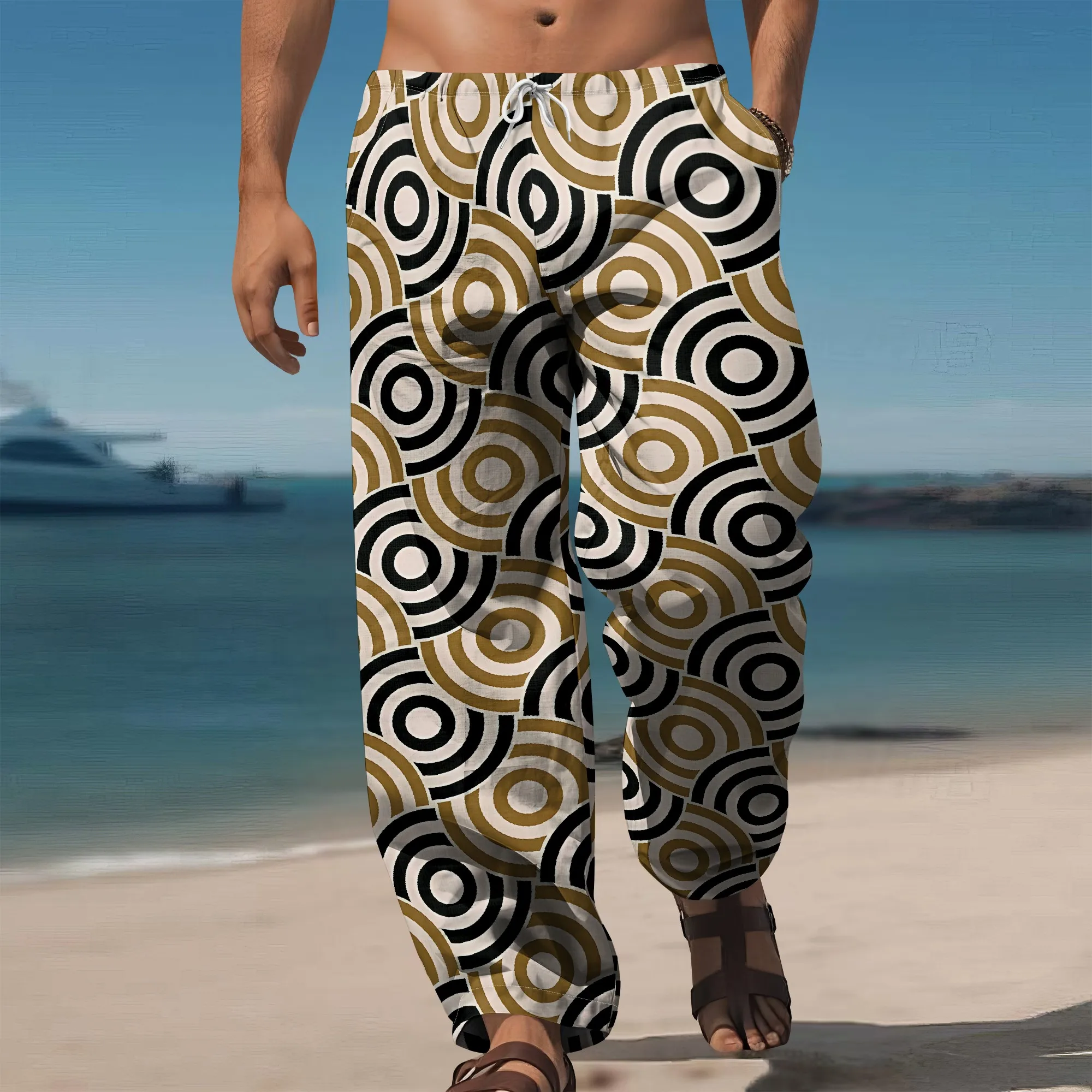 YEAE Black Gold Beige Concentric Circle Pattern Pants for Men Summer Casual Loose Drawstring Trousers
YEAE Black Gold Beige Concentric Circle Pattern Pants for Men Summer Casual Loose Drawstring Trousers