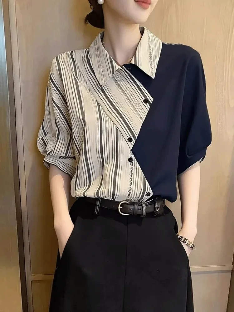 Slimming Striped Color Block Short Sleeve Shirt Women's Vintage Style Casual Breathable Fashion Top Quality Fabric
Slimming Striped Color Block Short Sleeve Shirt Women's Vintage Style Casual Breathable Fashion Top Quality Fabric
