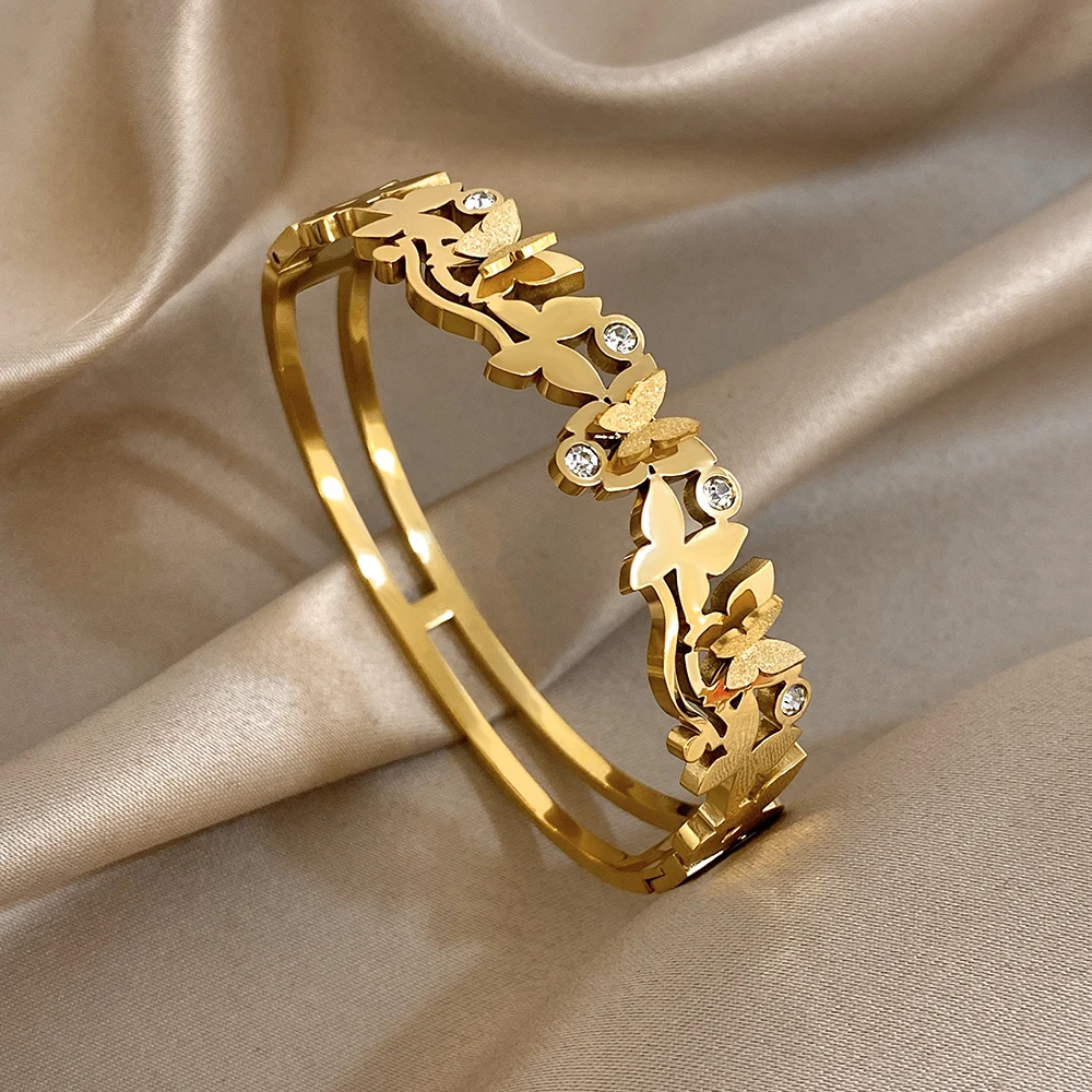 DODOHAO Exquisite Butterfly Stainless Steel Bracelets Women Elegant Rhinestone Geometry Golden Spring Bangle Lady Jewelry Gift
DODOHAO Exquisite Butterfly Stainless Steel Bracelets Women Elegant Rhinestone Geometry Golden Spring Bangle Lady Jewelry Gift