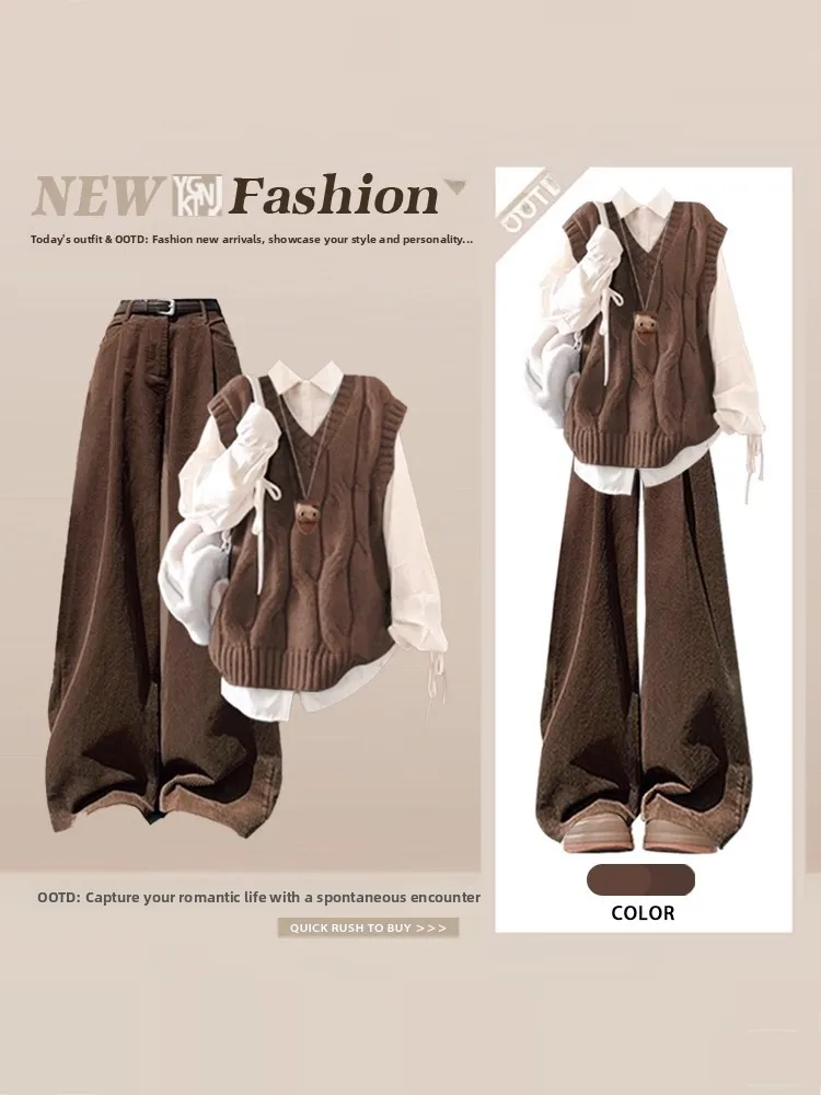 Women's Knitted Vest Shirt And Pants Three-Piece Set Casual Korean Style Autumn Winter Fashion Ensemble High Waist Trousers
Women's Knitted Vest Shirt And Pants Three-Piece Set Casual Korean Style Autumn Winter Fashion Ensemble High Waist Trousers