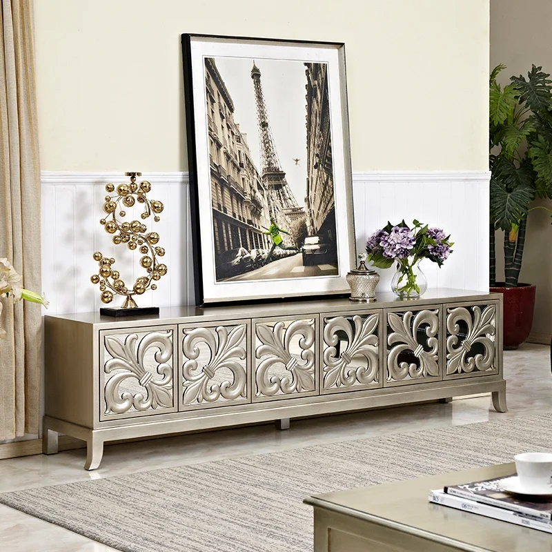 B Neoclassical glass TV cabinet engraved American champagne silver old low cabinet
B Neoclassical glass TV cabinet engraved American champagne silver old low cabinet