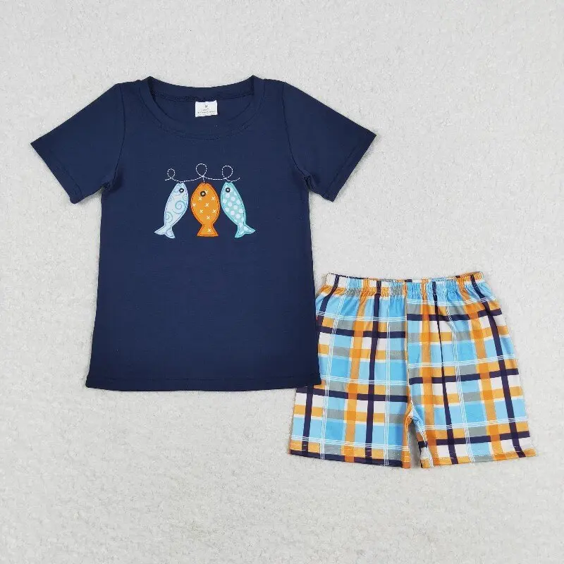New rts infant boys summer suit wholesale boutique embroidered fishing navy blue short sleeve plaid shorts boys set
New rts infant boys summer suit wholesale boutique embroidered fishing navy blue short sleeve plaid shorts boys set