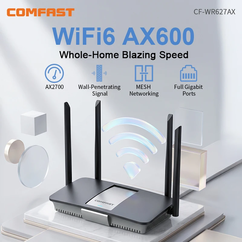 COMFAST CF-WR627AX AX2700 WiFi6 Mesh Router Gigabit Dual Band 2.4G+5.8GHz One-Click Mesh Whole Home Coverage 4 High Gain Antenna
COMFAST CF-WR627AX AX2700 WiFi6 Mesh Router Gigabit Dual Band 2.4G+5.8GHz One-Click Mesh Whole Home Coverage 4 High Gain Antenna