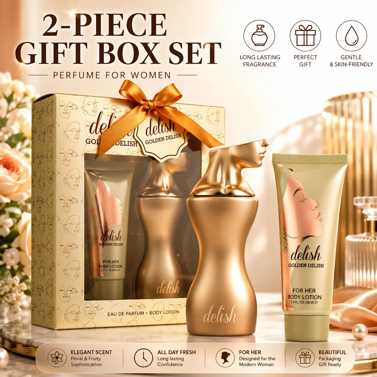 Delish Golden Delish Perfume Set For Women - 2PCS EDP & Body Lotion Gift Box - Long Lasting Floral Fragrance - Gold Bottle Cologne
Delish Golden Delish Perfume Set For Women - 2PCS EDP & Body Lotion Gift Box - Long Lasting Floral Fragrance - Gold Bottle Cologne