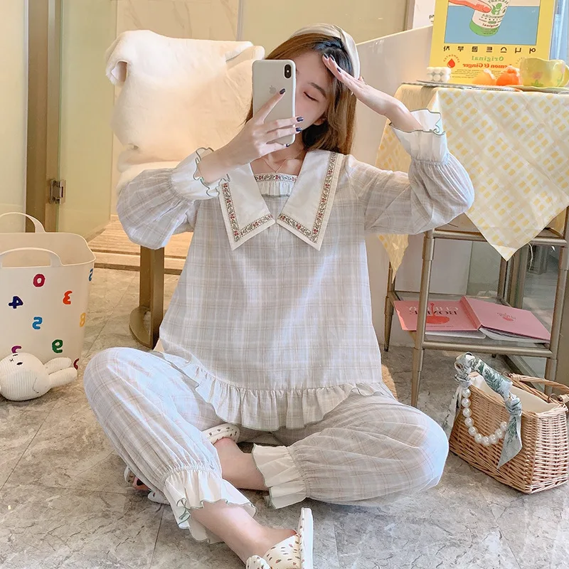Summer Women Sweet Cute Pajamas Long Sleeve Cotton Grid Lady Homewear Loose Casual Female Nightwear Sleepwear
Summer Women Sweet Cute Pajamas Long Sleeve Cotton Grid Lady Homewear Loose Casual Female Nightwear Sleepwear