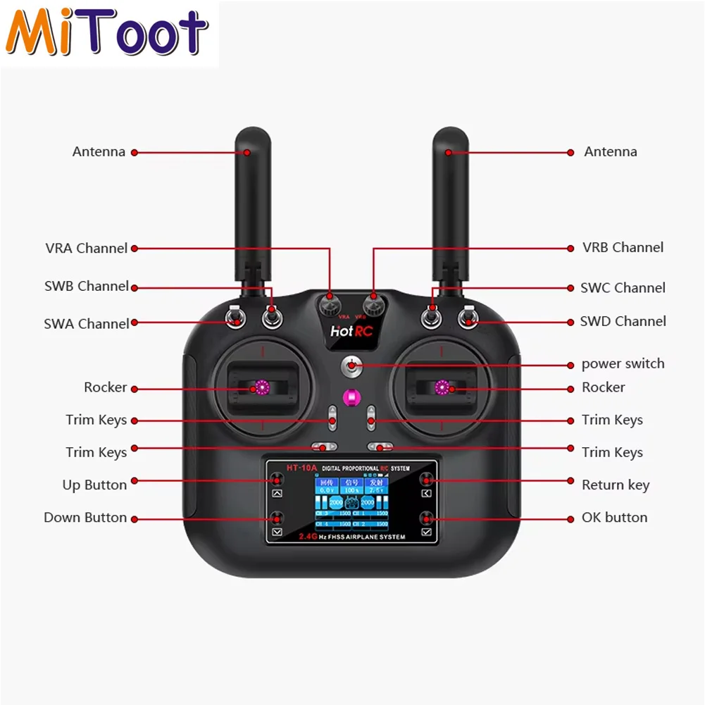 HOTRC HT-10A RC Transmitter 10 Channel 1.7" Color Screen 2.4G FHSS Remote Controller for RC Plane Car Boat FPV Drone
HOTRC HT-10A RC Transmitter 10 Channel 1.7" Color Screen 2.4G FHSS Remote Controller for RC Plane Car Boat FPV Drone