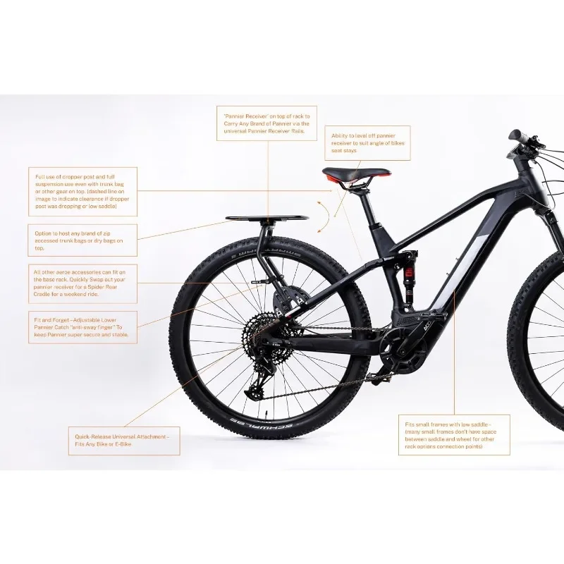 Стойка на багажник AEROE Spider, подходит для всех горных велосипедов E MTB, гравия и дорога. Простая установка и использование, подходит для сумки на багажник любого бренда.
Стойка на багажник AEROE Spider, подходит для всех горных велосипедов E MTB, гравия и дорога. Простая установка и использование, подходит для сумки на багажник любого бренда.