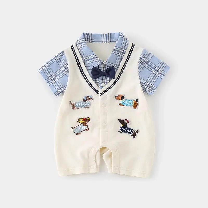 Boys Summer Short-sleeved Jumpsuit Clothes Baby Fake Two-piece College Style Onesie Babe Cute Dog Label Romper Fashion Outwear
Boys Summer Short-sleeved Jumpsuit Clothes Baby Fake Two-piece College Style Onesie Babe Cute Dog Label Romper Fashion Outwear