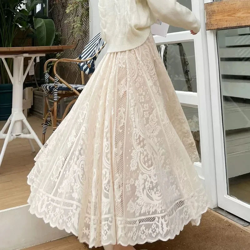 Spring Autumn Hollow Out Black White Beige Lace Long Maxi Skirt For Women Korean Style Cute Big Swing A-line Skirt Boho Style
Spring Autumn Hollow Out Black White Beige Lace Long Maxi Skirt For Women Korean Style Cute Big Swing A-line Skirt Boho Style