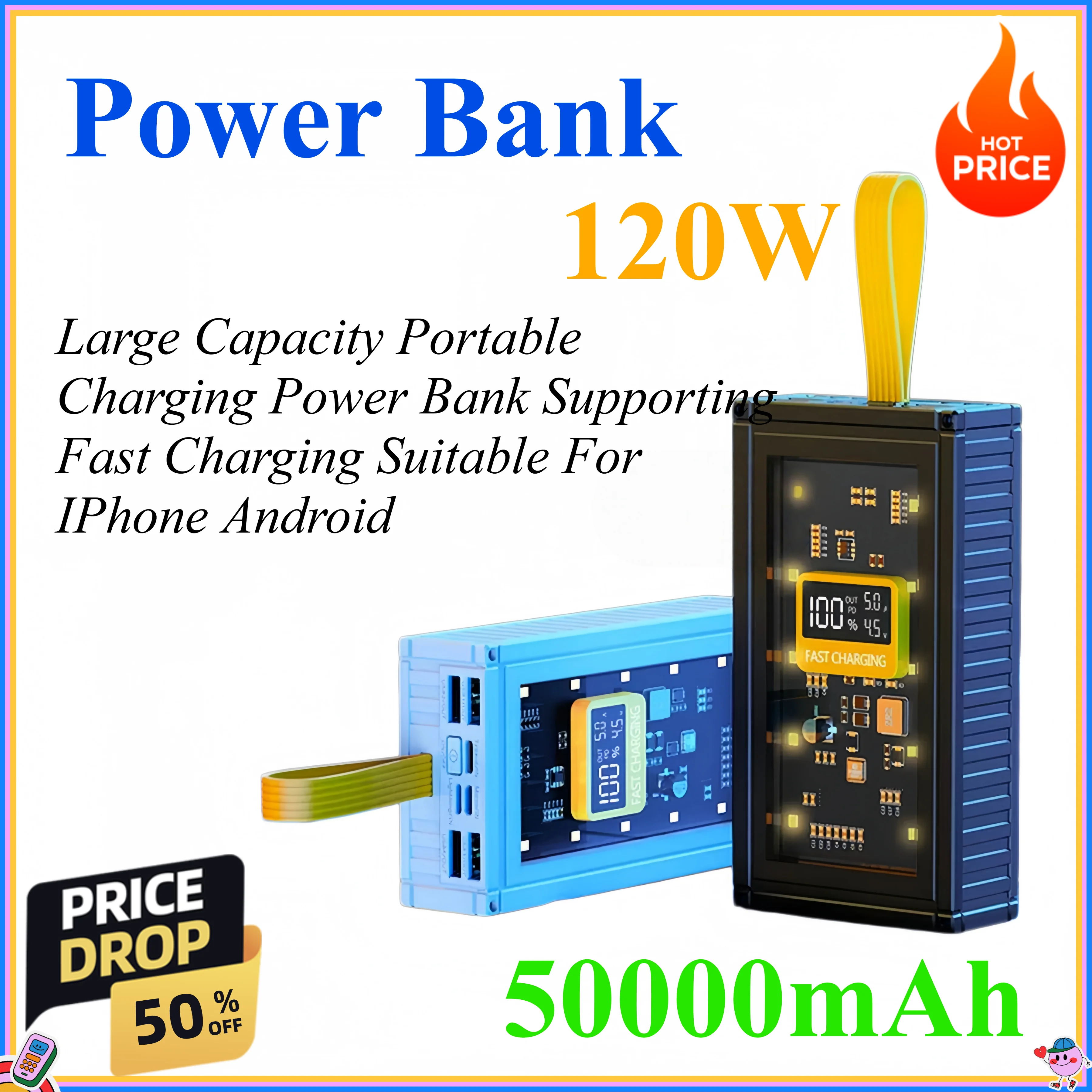50000mAh 120W Large Capacity Portable Charging Power Bank Supporting Fast Charging Suitable For IPhone Samsung
50000mAh 120W Large Capacity Portable Charging Power Bank Supporting Fast Charging Suitable For IPhone Samsung