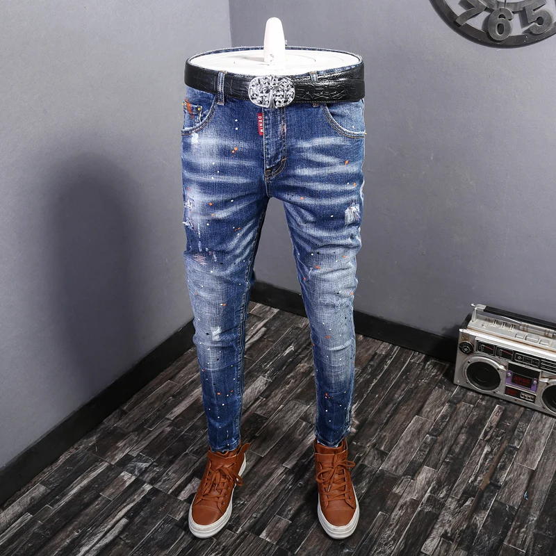 Street Fashion Men Jeans Retro Washed Blue Stretch Slim Fit Painted Ripped Jeans Men Embroidery Designer Vintage Denim Pants
Street Fashion Men Jeans Retro Washed Blue Stretch Slim Fit Painted Ripped Jeans Men Embroidery Designer Vintage Denim Pants