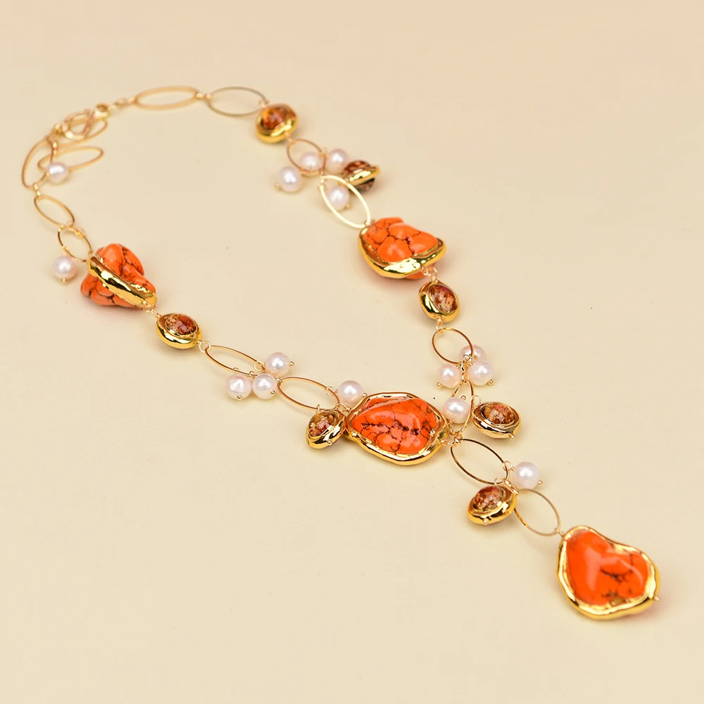 GG 22" Natural Cultured White Pearl Gold Plated Edge Orange Turquoise Rough Nugget Brown Murano Glass Necklace Pendant
GG 22" Natural Cultured White Pearl Gold Plated Edge Orange Turquoise Rough Nugget Brown Murano Glass Necklace Pendant