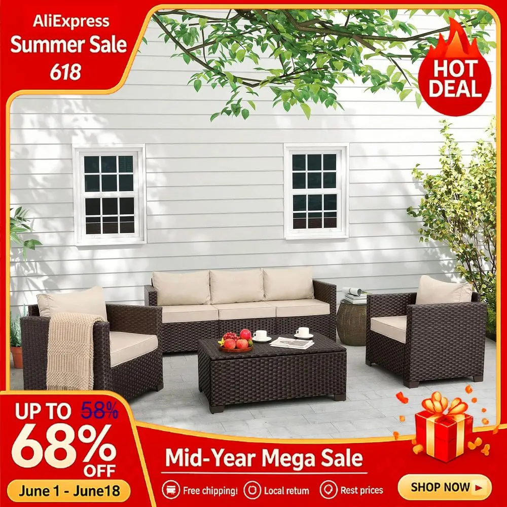 Patio Furniture Set 4 Pcs Outdoor Furniture Sets Patio Couch Outdoor Chairs Coffee Table Storage Khaki NoSlip Cushions, Custom
Patio Furniture Set 4 Pcs Outdoor Furniture Sets Patio Couch Outdoor Chairs Coffee Table Storage Khaki NoSlip Cushions, Custom