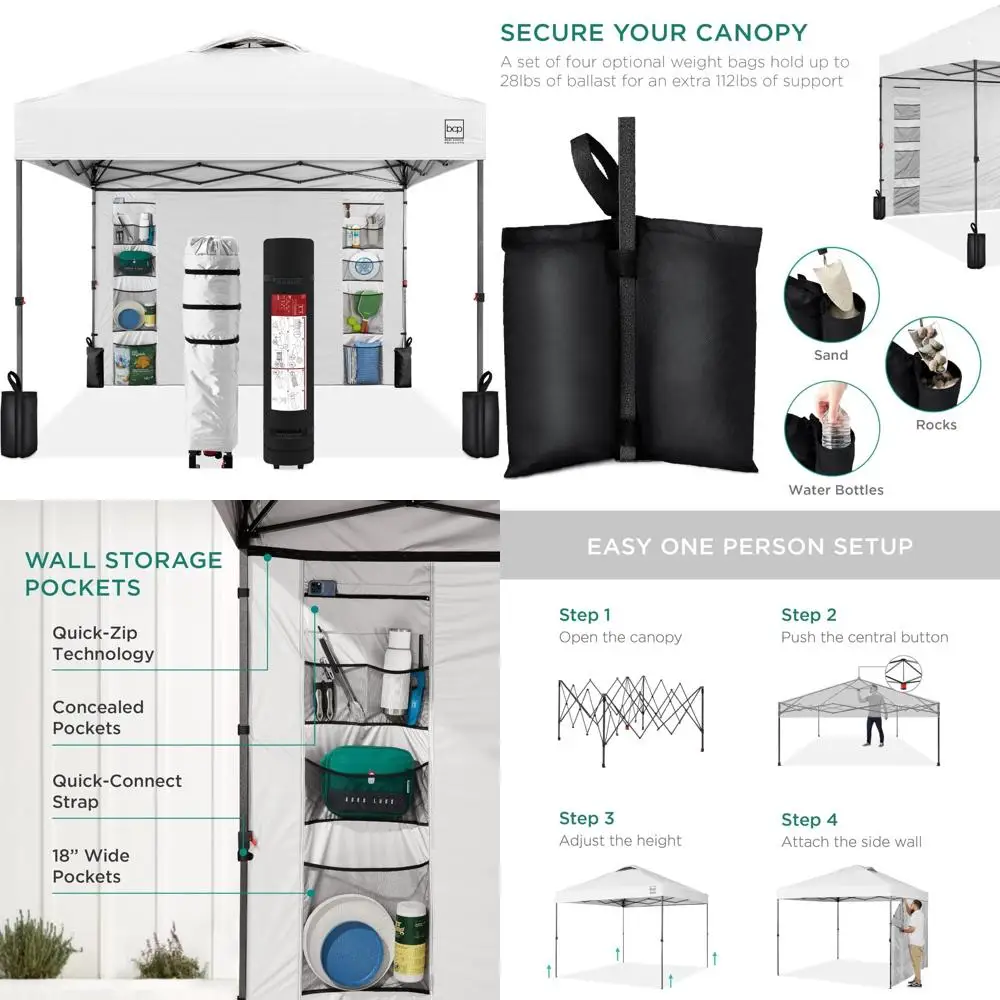 Portable 10x10ft Pop-Up Canopy with Side Wall, 10 Pockets, Carrying Case, 1-Button Setup, 4 Weight Bags - Easy Setup Outdoor She 
Portable 10x10ft Pop-Up Canopy with Side Wall, 10 Pockets, Carrying Case, 1-Button Setup, 4 Weight Bags - Easy Setup Outdoor She