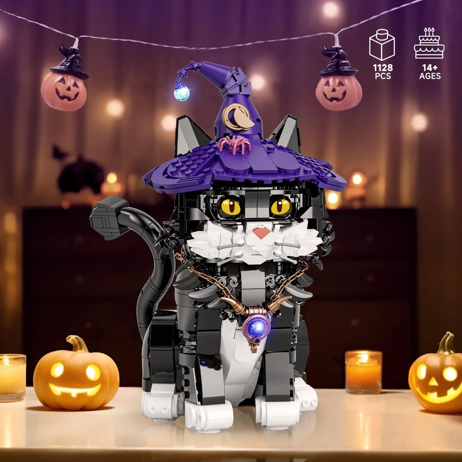 1128PCS Magic Tuxedo Cute Cat Building Blocks Sets with Wizard Hat & Glowing Lantern Collectible Model Kits Gift for Adult Kids
1128PCS Magic Tuxedo Cute Cat Building Blocks Sets with Wizard Hat & Glowing Lantern Collectible Model Kits Gift for Adult Kids