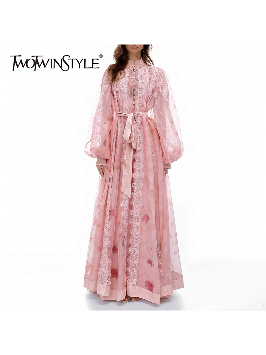 TWOTWINSTYLE Patchwork Lace Dresses for Women Stand Collar Lantern Sleeve High Waist Printing Lace Up Dress Female Fashion 2026
TWOTWINSTYLE Patchwork Lace Dresses for Women Stand Collar Lantern Sleeve High Waist Printing Lace Up Dress Female Fashion 2026