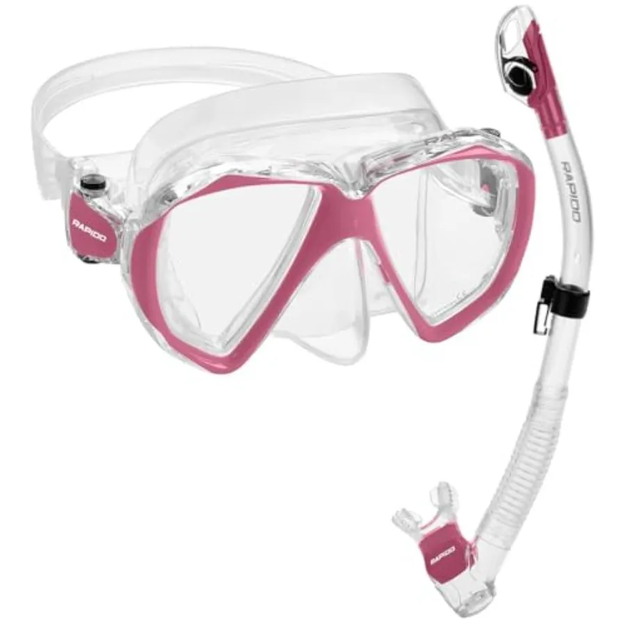 Snorkeling mask and snorkel combo for water sports, polycarbonate lenses, clear/pastel pink, anti-fog and wide field of view
Snorkeling mask and snorkel combo for water sports, polycarbonate lenses, clear/pastel pink, anti-fog and wide field of view