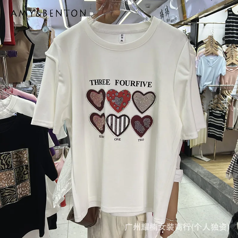 Heavy Rhinestone Heart Letter Print Short Sleeves Crew Neck T-shirt Women's Summer Stylish Versatile Slim Youthful Casual Tops
Heavy Rhinestone Heart Letter Print Short Sleeves Crew Neck T-shirt Women's Summer Stylish Versatile Slim Youthful Casual Tops