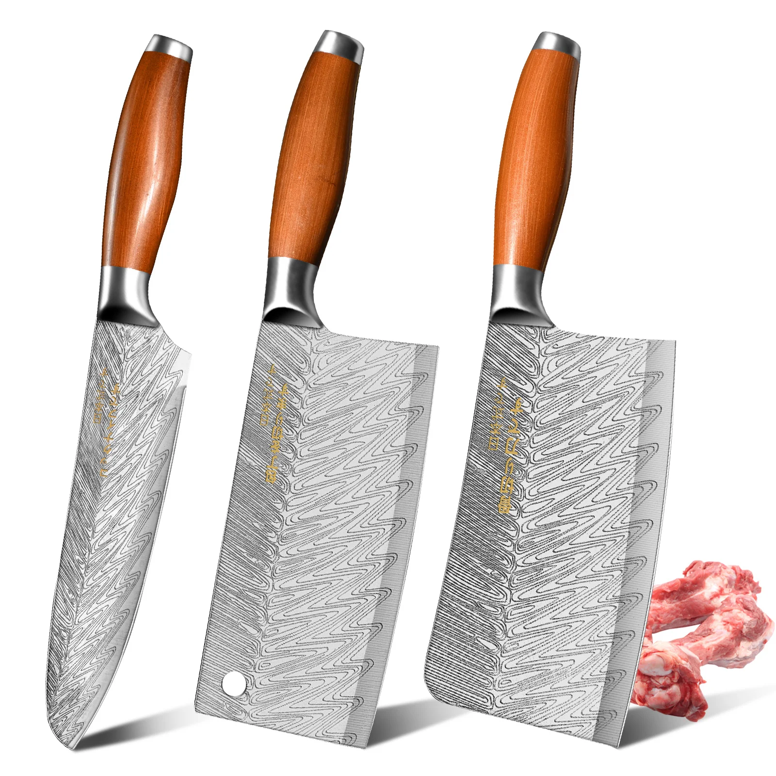 3-Piece Japanese Professional Kitchen Knife Set - Damascus steel pattern Chef Knife, Utility Knife, Meat cleaver, Boning Knife
3-Piece Japanese Professional Kitchen Knife Set - Damascus steel pattern Chef Knife, Utility Knife, Meat cleaver, Boning Knife